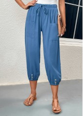 Blue bottoms,Plain Color bottoms,Pocket Blue Elastic Waist High Waisted Pants