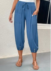 Blue bottoms,Plain Color bottoms,Pocket Blue Elastic Waist High Waisted Pants