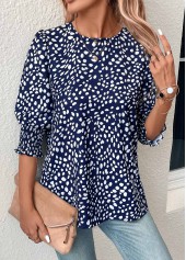 Navy tops,White tops,Dot tops,Button Polka Dot Navy Round Neck Blouse