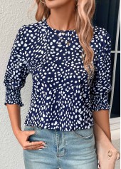 Navy tops,White tops,Dot tops,Button Polka Dot Navy Round Neck Blouse