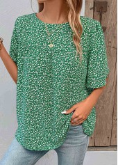 Green tops,Ditsy Floral tops,Plants tops,Button Ditsy Floral Print Green Round Neck Blouse