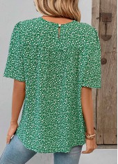 Green tops,Ditsy Floral tops,Plants tops,Button Ditsy Floral Print Green Round Neck Blouse