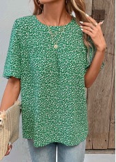 Green tops,Ditsy Floral tops,Plants tops,Button Ditsy Floral Print Green Round Neck Blouse