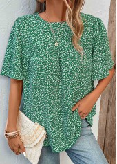 Button Ditsy Floral Print Green Round Neck Blouse