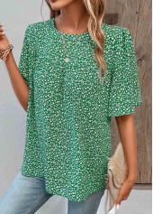 Green tops,Ditsy Floral tops,Plants tops,Button Ditsy Floral Print Green Round Neck Blouse