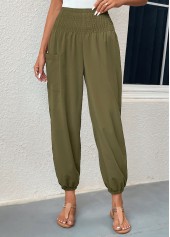 Smocked Blackish Green Regular Elastic Waist Pants