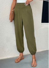 Blackish Green bottoms,Plain Color bottoms,Smocked Blackish Green Regular Elastic Waist Pants
