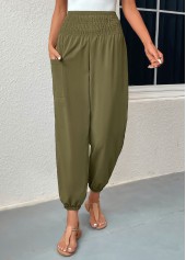 Blackish Green bottoms,Plain Color bottoms,Smocked Blackish Green Regular Elastic Waist Pants