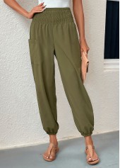 Blackish Green bottoms,Plain Color bottoms,Smocked Blackish Green Regular Elastic Waist Pants