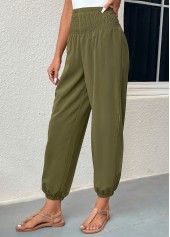 Blackish Green bottoms,Plain Color bottoms,Smocked Blackish Green Regular Elastic Waist Pants