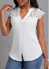 White tops,Plain Color tops,Lace White Split Neck Short Sleeve T Shirt