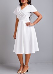White plus size,Plain Color plus size,Plus Size Umbrella Hem White V Neck Dress
