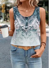 Grey tops,Turquoise tops,Tribal tops,Button Tribal Print Grey Scoop Neck Tank Top