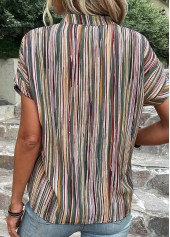 Green tops,Striped tops,Geometric tops,Button Striped Green V Neck Blouse