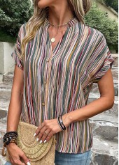 Green tops,Striped tops,Geometric tops,Button Striped Green V Neck Blouse