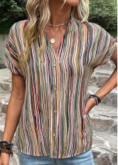 Green tops,Striped tops,Geometric tops,Button Striped Green V Neck Blouse
