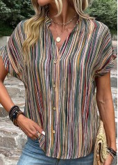 Green tops,Striped tops,Geometric tops,Button Striped Green V Neck Blouse