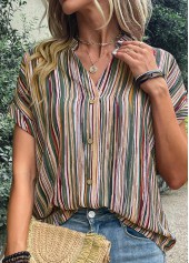 Green tops,Striped tops,Geometric tops,Button Striped Green V Neck Blouse