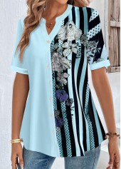 Light Blue tops,Striped tops,Floral tops,Plants tops,Geometric tops,ROTITA Button Striped Light Blue Split Neck Blouse