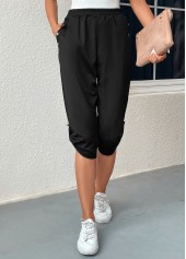 Black bottoms,Plain Color bottoms,Pocket Black Jogger Elastic Waist High Waisted Pants