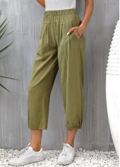 Olive Green bottoms,Plain Color bottoms,Pocket Olive Green Regular Elastic Waist Pants