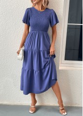 Blue dresses,Plain Color dresses,Smocked Blue Round Neck Short Sleeve Dress