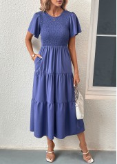 Blue dresses,Plain Color dresses,Smocked Blue Round Neck Short Sleeve Dress