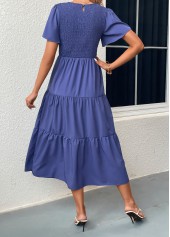 Blue dresses,Plain Color dresses,Smocked Blue Round Neck Short Sleeve Dress