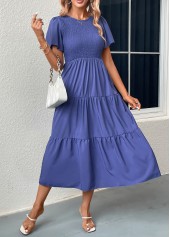 Smocked Blue Round Neck Short Sleeve Dress