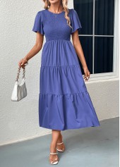 Blue dresses,Plain Color dresses,Smocked Blue Round Neck Short Sleeve Dress
