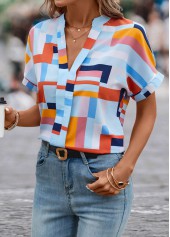 Multi Color tops,Geometric tops,Lightweight Geometric Print Multi Color Split Neck Blouse