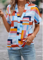 Multi Color tops,Geometric tops,Lightweight Geometric Print Multi Color Split Neck Blouse