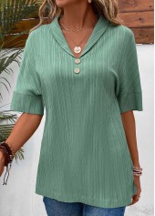 Sage Green tops,Plain Color tops,ROTITA Button Sage Green Turn Down Collar Short Sleeve Blouse