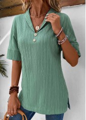 Sage Green tops,Plain Color tops,ROTITA Button Sage Green Turn Down Collar Short Sleeve Blouse