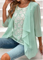 Mint Green tops,Plain Color tops,ROTITA Mint Green Round Neck Fake Two Piece Twinset