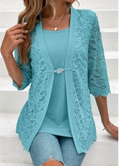 Light Blue tops,Plain Color tops,ROTITA Light Blue Square Neck Fake Two Piece Twinset