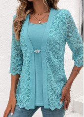 Light Blue tops,Plain Color tops,ROTITA Light Blue Square Neck Fake Two Piece Twinset