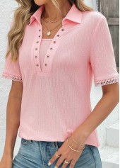 Pink tops,Plain Color tops,ROTITA Eyelet Pink Short Sleeve T Shirt