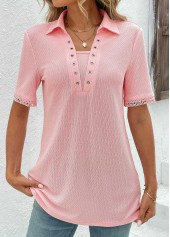 Pink tops,Plain Color tops,ROTITA Eyelet Pink Short Sleeve T Shirt