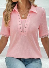Pink tops,Plain Color tops,ROTITA Eyelet Pink Short Sleeve T Shirt
