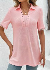 Pink tops,Plain Color tops,ROTITA Eyelet Pink Short Sleeve T Shirt