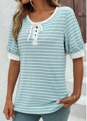 Mint Green tops,Plain Color tops,ROTITA Lace Up Mint Green Round Neck T Shirt