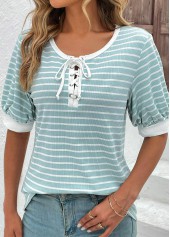 Mint Green tops,Plain Color tops,ROTITA Lace Up Mint Green Round Neck T Shirt