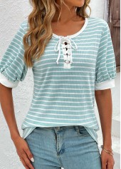 Mint Green tops,Plain Color tops,ROTITA Lace Up Mint Green Round Neck T Shirt