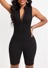 Zipper Black Short Skinny Sleeveless Romper