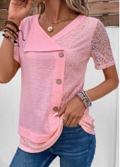 Pink tops,Plain Color tops,ROTITA Patchwork Pink V Neck Short Sleeve T Shirt