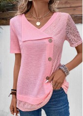 Rotita patchwork rose col en v t-shirt à manches courtes