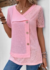 Pink tops,Plain Color tops,ROTITA Patchwork Pink V Neck Short Sleeve T Shirt