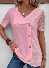 Pink tops,Plain Color tops,ROTITA Patchwork Pink V Neck Short Sleeve T Shirt