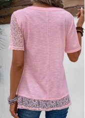 Pink tops,Plain Color tops,ROTITA Patchwork Pink V Neck Short Sleeve T Shirt